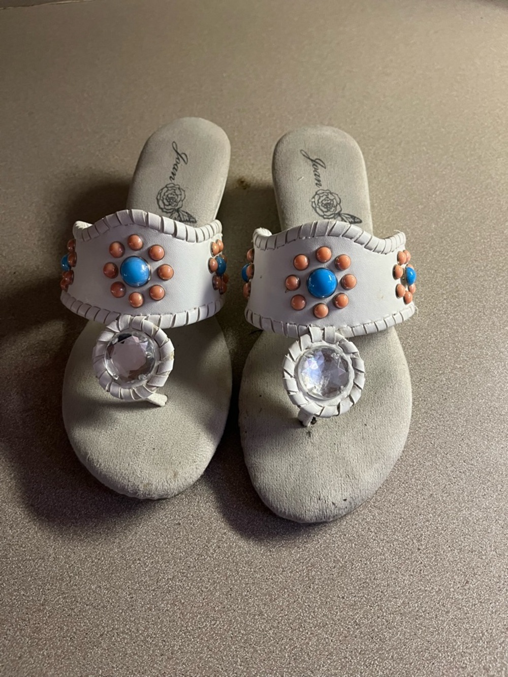 Joan Boyce White Slip-On Sandals with Turquoise and Copper Accents